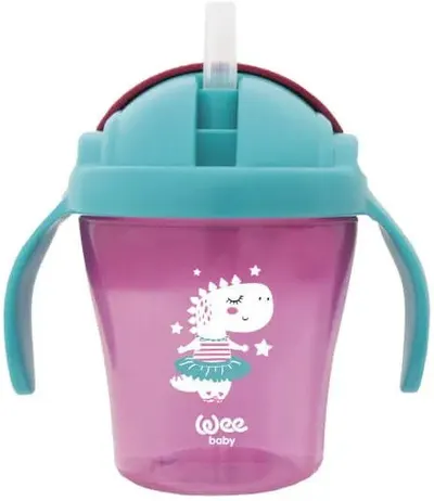 Pahar cu pai Wee Baby - 200 ml, 6 luni+, roz