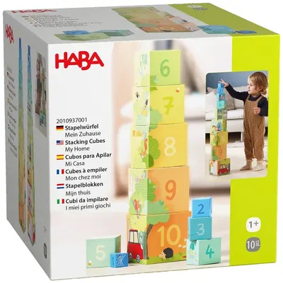 Kit educațional Haba -Cuburi 10 în 1 cu numere și imagini, My Home, 10 piese