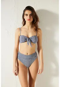 Sutien de baie cu model in carouri - Alb/Bleumarin