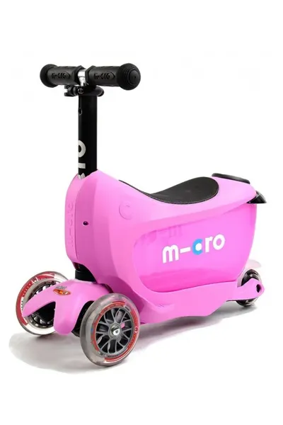 Trotineta Micro Mini2go Deluxe Pink cu 3 roti, scaunel, spatiu depozitare, ghidon telescopic, roti din silicon, greutate admisa 50 kg