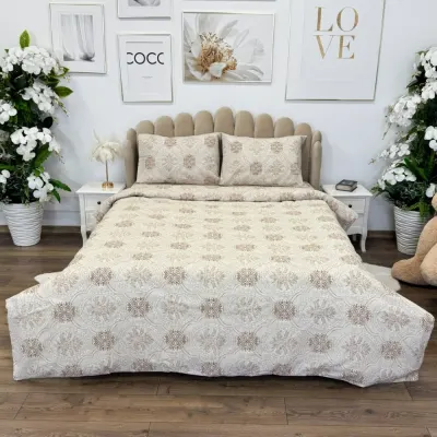 Lenjerie de Pat Dublu, Policoton Ranforsat, 4 piese, Atelier Cumparamisim, Bej, model elegant