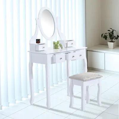 HomCom Tavolo da Trucco Mobile da Toletta Specchiera con Sgabello Specchio Girevole in Legno Bianco