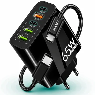 Incarcator Retea, 65W, 5 Porturi, 3 x USB, 2 x Type-C, Negru - Default Title