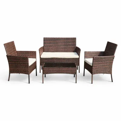 Set mobilier gradina, structura metalica, 4 piese, fotolii, canapea, masuta, ratan PE impletit, maro
