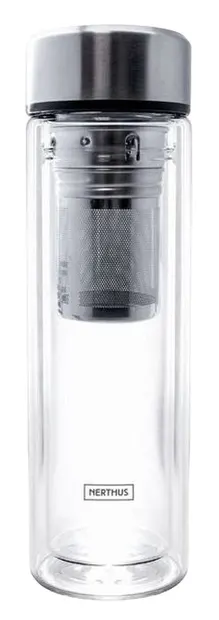 Sticluță din sticlă cu pereți dubli Nerthus - Cu infuzor și protecție din neopren, 350 ml