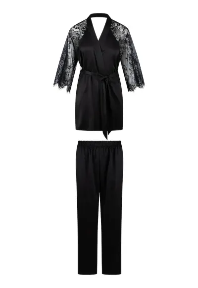 Pijama din satin cu dantela - Negru