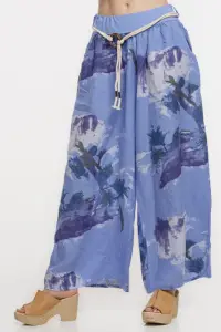 Pantaloni largi de vara, masura mare, din in albastru lavanda cu imprimeu flori albastre