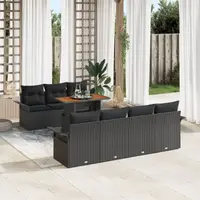 Set 8 piese canapea gradina cu perne negru din ratan poli, canapea gradina 2 locuri cu depozitare si perne negru din ratan poli