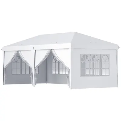 Outsunny Cort 6x3 m pliabil din otel si material Oxford, cort pentru gradina cu 6 pereti laterali, franghii si carlige, alb
