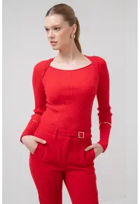 Pulover slim fit cu striatii si decolteu rotund Debutto - Rosu vermillion