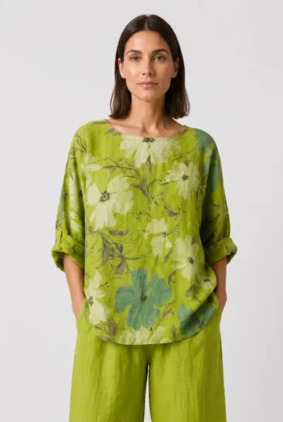 Bluza din in cu imprimeu floral pastelat si croi relaxat, verde deschis