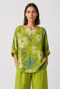 Bluza din in cu imprimeu floral pastelat si croi relaxat, verde deschis