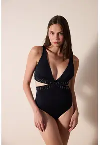 Costum de baie intreg cu decolteu in V si decupaje - Negru