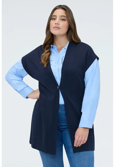 Cardigan cu maneci scurte si un nasture - Bleumarin