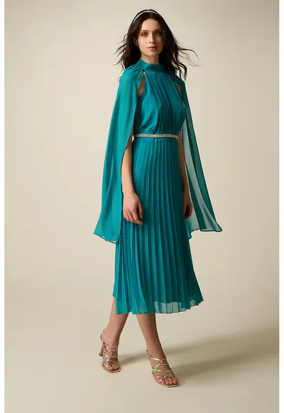 Rochie midi cu pliuri si curea bijuterie - Turcoaz