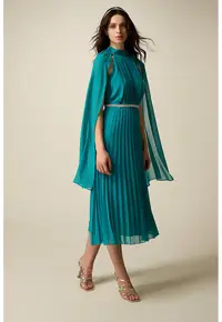 Rochie midi cu pliuri si curea bijuterie - Turcoaz