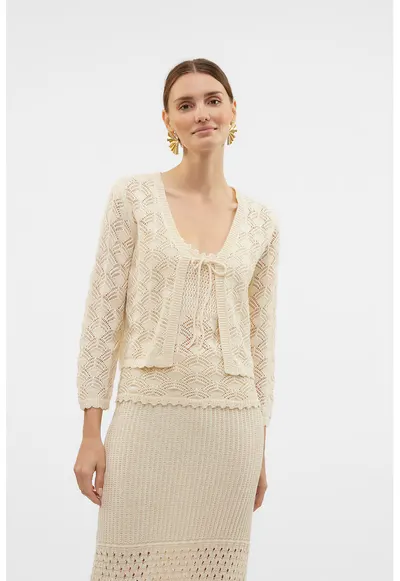 Cardigan crop cu decolteu in V - Crem