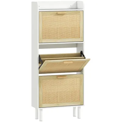 HOMCOM Dulap pentru pantofi 3 uși rabatabile etajeră efect rășină împletită design boem 65 x 24,5 x 153 cm alb | Aosom Romania
