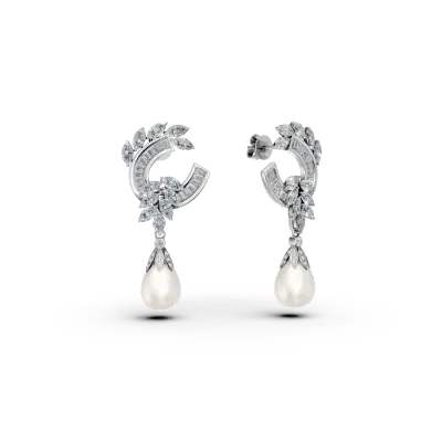 Cercei din aur alb cu diamante marquise, baguette si rotunde de 1.9ct si perle de cultura
