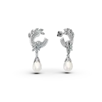 Cercei din aur alb cu diamante marquise, baguette si rotunde de 1.9ct si perle de cultura