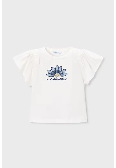 Tricou cu maneci fluture si detalii brodate - Alb murdar/Albastru