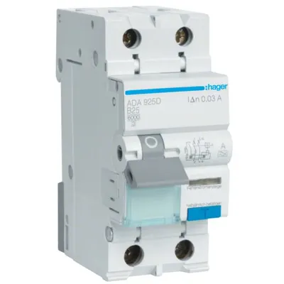 Disjunctor diferential RCBO 1P+N 25A/30mA, B, 6kA, tip A Hager ADA925D