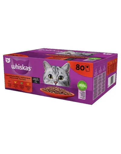 WHISKAS Adult in sos 80x85g Classic Meals hrana umeda completa pentru pisici adulte cu vita, pui, miel, pasare