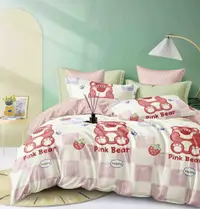 Set Lenjerie de Pat Finet 6 Piese, Bumbac Finet, Fara Elastic , Pink Bear