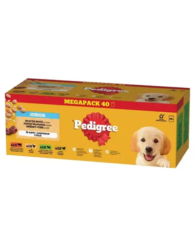 Plicuri PEDIGREE caini Junior Mix arome cu orez 40x100 g in aspic hrana umeda completa bucati vita, ficat si orez, cu pui si orez, cu miel, ficat si orez, cu pasare si orez