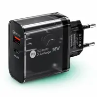 Incarcator Retea Timebox, 2 Porturi, 38W, 1 x Type-C, 1 x USB , C 3, Negru - Default Title