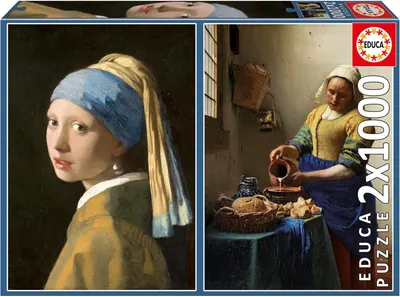 Puzzle Educa din 2 x 1000 piese - Fata cu cercel de perlă și lăptăreasa, Vermeer