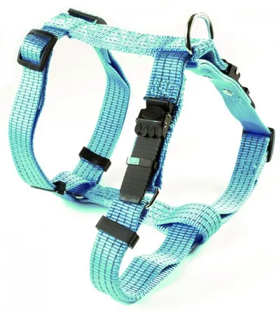 Ham ajustabil din nylon, albastru, captusit, cu fire reflectorizante, circumferinta 70-90 cm x latime 2.5 cm