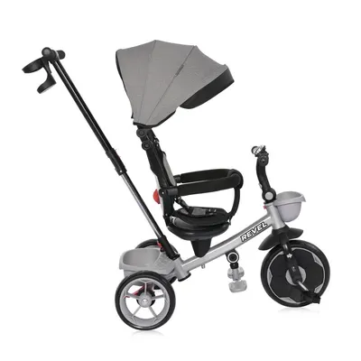 Tricicleta pentru copii Lorelli Revel Grey cu sezut rotativ la 360 grade 1-5 Ani, maner cu control al directiei, scaun confortabil cu husa moale, suport pentru picioare, sistem roata libera si roti mari din cauciuc Eva