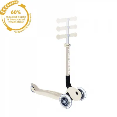 Trotineta pentru copii Globber Junior Crem, pliabila, ecologica, ghidon ajustabil pe 3 nivele, roti cu lumini LED, rulmenti ABEC 9