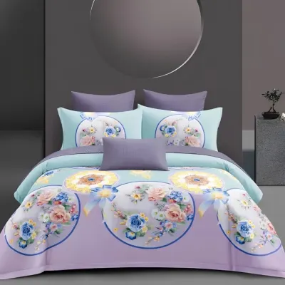Lenjerie pat dublu cu Elastic, bumbac satinat, Mov, flori