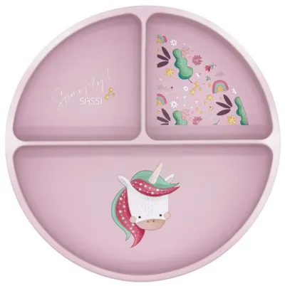 Farfurie din silicon cu ventuză Sassi - Sparkly The Unicorn, roz