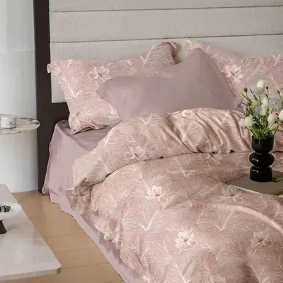 Lenjerie de pat finet 6 piese, cearceaf pat cu elastic, cearceaf pilota 200x230, 2 fete perna 50x70, 2 fete perna 70x70, Extra, Pink Leaves, 63