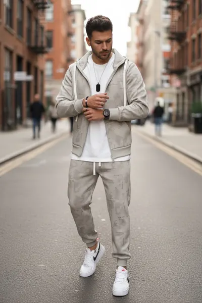 Trening barbati slim fit bej, Pantaloni + hanorac 167 19-5