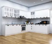 Set bucatarie SQUARE COLT 300x250 cm, 15 corpuri, blat termorezistent, fronturi MDF, alb rustic