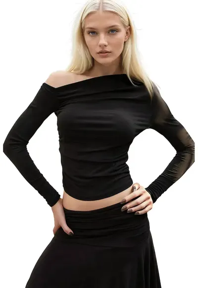 Bluza dama - cu maneca lunga - decolteu asimetric - jerseu - negru