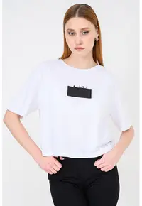 Tricou crop de bumbac cu imprimeu logo - Negru/Alb optic