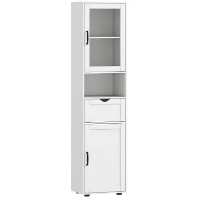 HOMCOM Mobilier de Baie Slim cu Dulapuri și Ușă din Sticlă, Mobilier Economizitor de Spațiu cu Raft Deschis, Sertar și Rafturi Ajustabile, Coloană Modernă, 40x30x165 cm, Alb | Aosom Romania
