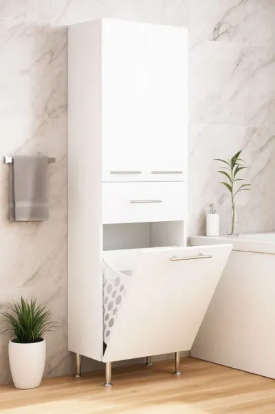 Dulap baie seria 015, front MDF, 3 usi, 1 sertar, alb, 50x36.5x166 cm