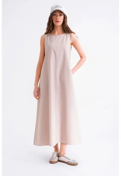 Rochie Maxi - Relaxed Fit - cu Buzunare - Stone Natural - Textil