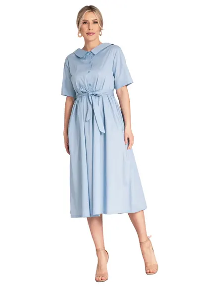 Rochie midi - albastra - bumbac - croiala simpla - inchidere cu nasturi