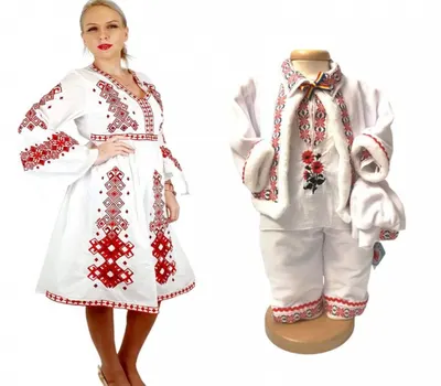 Set traditional Mama a, Fiu a, rosu Rochie traditionala si costumas
