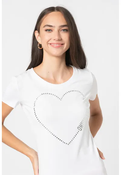 Tricou cu decolteu la baza gatului si aplicatie cu strasuri - Alb optic/Argintiu