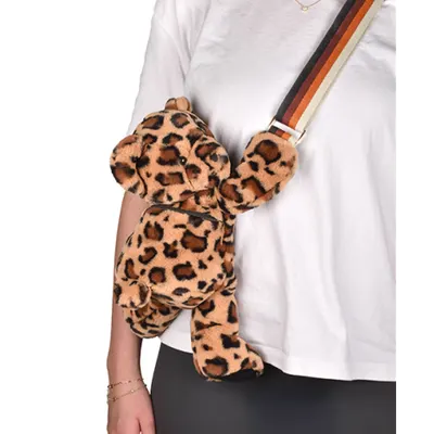Ursulet din plus - geanta crossbody adorabila, 30 cm, imprimeu leopard