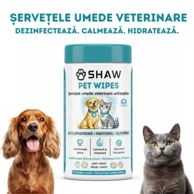 SHAW Pet Wipes cu Clorhexidina, șervețele umede câini și pisici, antibacteriene, hidratant, flacon, 72buc