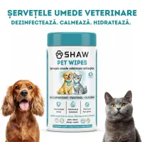 SHAW Pet Wipes cu Clorhexidina, șervețele umede câini și pisici, antibacteriene, hidratant, flacon, 72buc